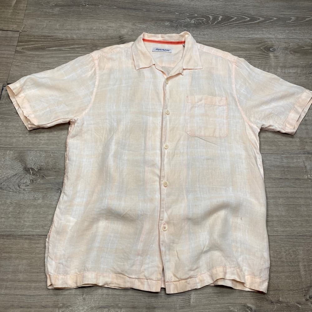 Tommy Bahama‎ Shirt Mens M Peach Plaid 100% Linen Camp Casual Summer Vacation